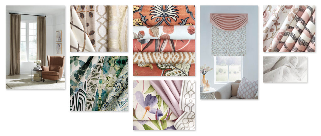 A collage of custom window coverings, and decorative fabrics from Carole Fabrics.