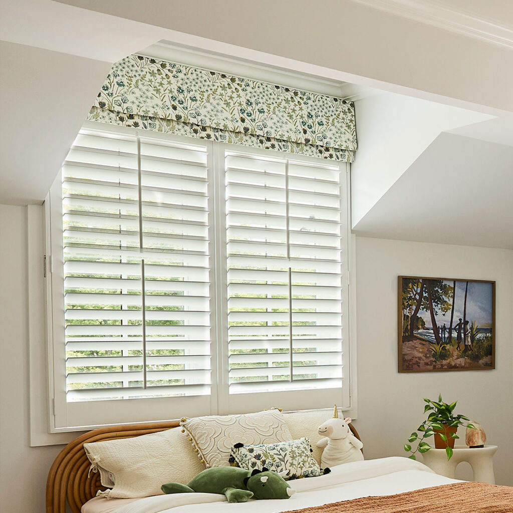 Judith Board Mounted Valance in a bedroom dormer window.