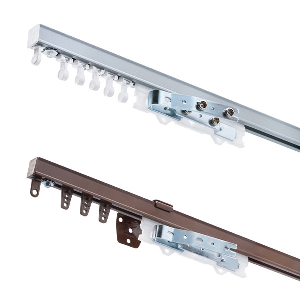 Two examples of Forest Drapery Hardware CS Track, shown in silver and brown on a white background.