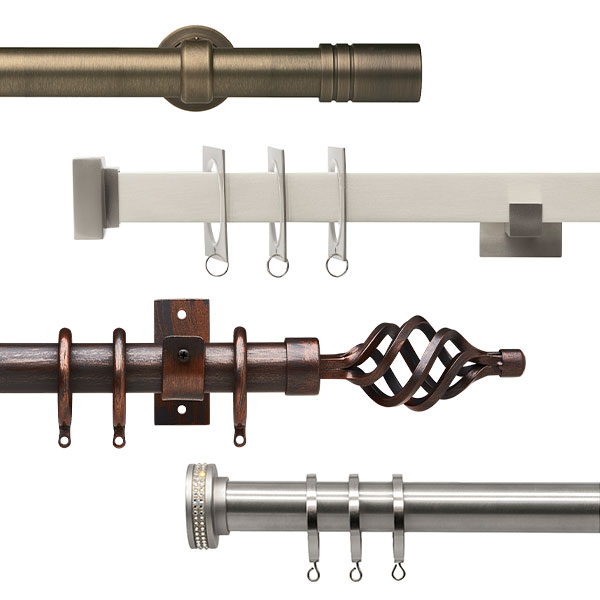 An assortment of Forest Drapery Hardware Metal Ringed Pole Sets in various finishes on a white background.