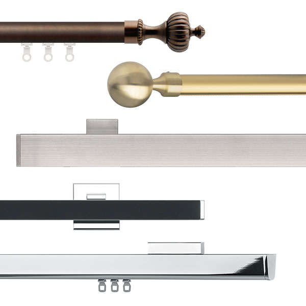 An assortment of Forest Drapery Hardware Metal Traversing Sets on a white background.