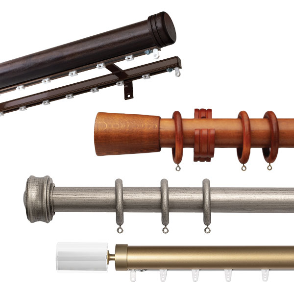 An assortment of Forest Drapery Hardware Wood Ringed Pole and Traversing Sets