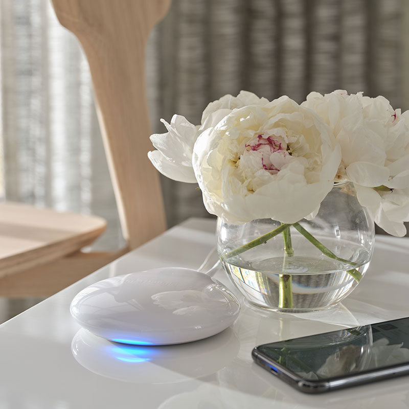 A PowerView Gateway on a white marble table next to a smartphone and a low vase with large white flowers.