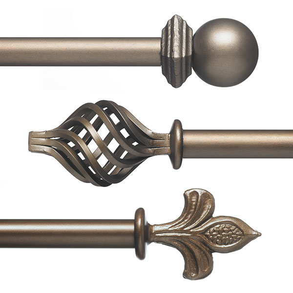 Three examples of Magnolia Custom Wrought Iron drapery hardware finials and rods on a white background.