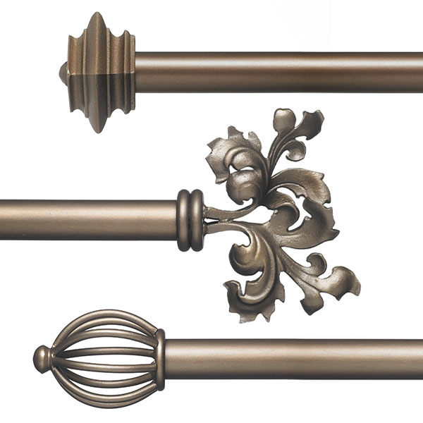 Three Magnolia Estate Wrought Iron Finials and Rods on a white background.