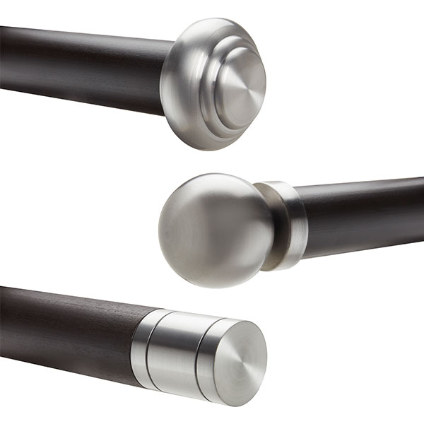 Three examples of Magnolia Sedona drapery hardware finials in a soft silver colors finish and rods in dark wood.