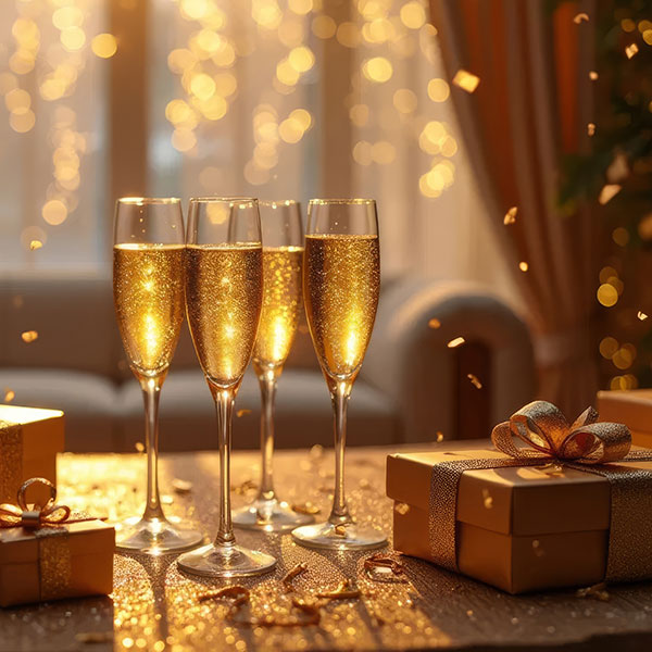 Golden hued champagne flutes among gifts wrapped in gold, spinkled with golden confetti.