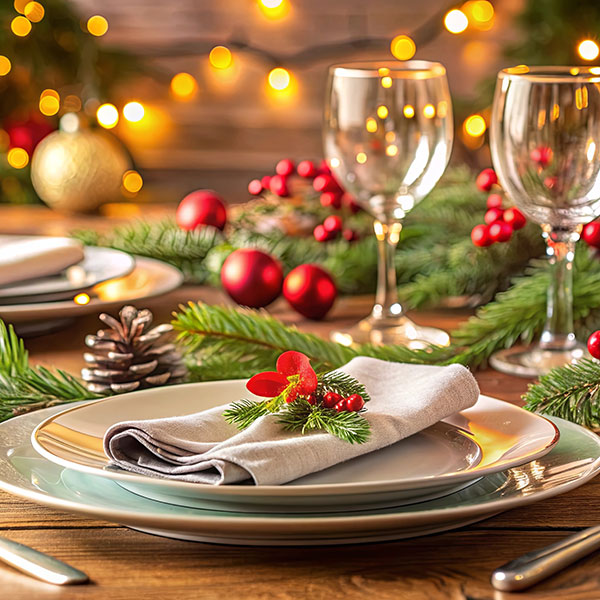 A festive traditional holiday table featuring red berries and greenery with golden accents.