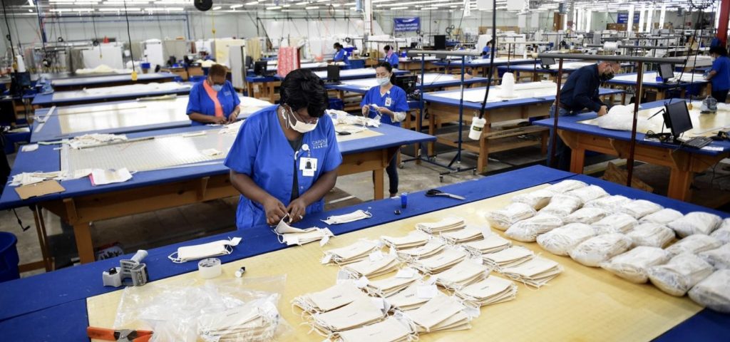 The workroom as employees from Carole Fabrics make face masks in response to COVID-19.